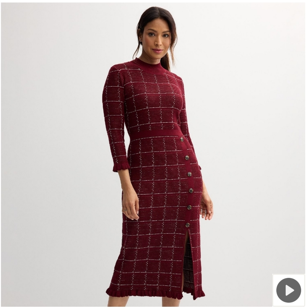Sandra Darren Checkered Cranberry Sweater Dress Size M